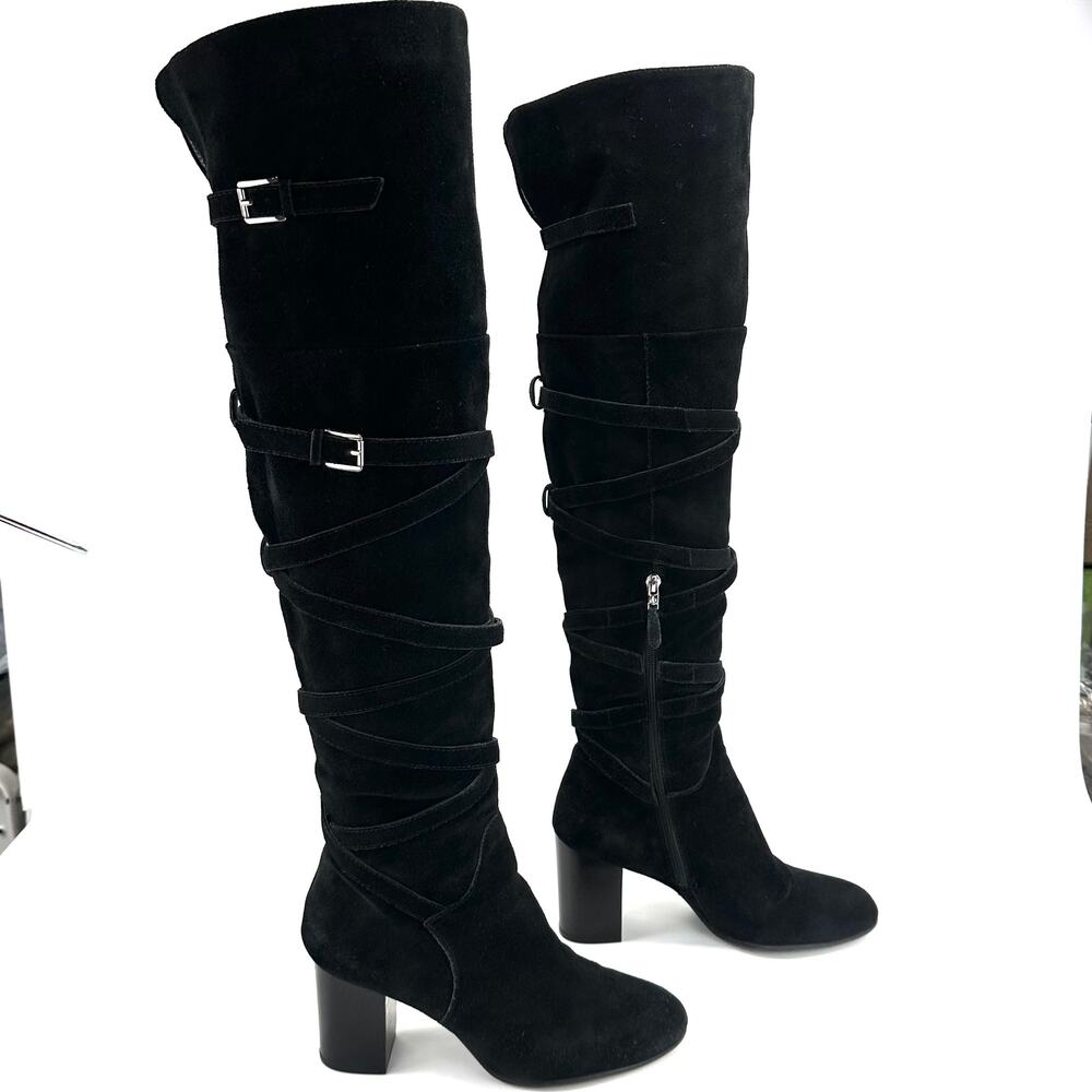 Sam Edelman Sable Black Over-The-Knee Boot Sz 9.5 Suede Heeled Adjustable Straps